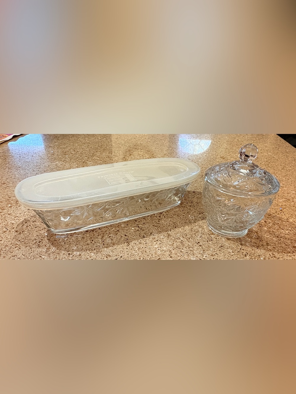 Princess House Clear Glass Pickle Dish with White Lid and Clear Glass Candy Jar